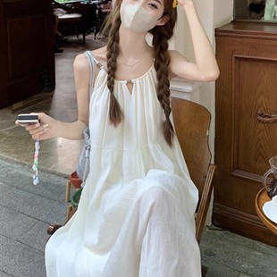 無袖 垂感海邊度假沙灘長裙子及踝 白色掛脖吊帶連衣裙仙女夏季 法式
