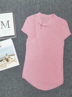 井美2026新款短袖立领针织春夏季T恤女打底衫盘扣国风洋气上衣