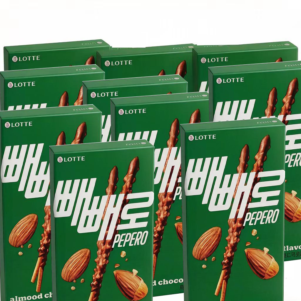 韩国进口零食lotte乐天扁桃仁杏仁夹心巧克力棒派派乐网红饼干32g