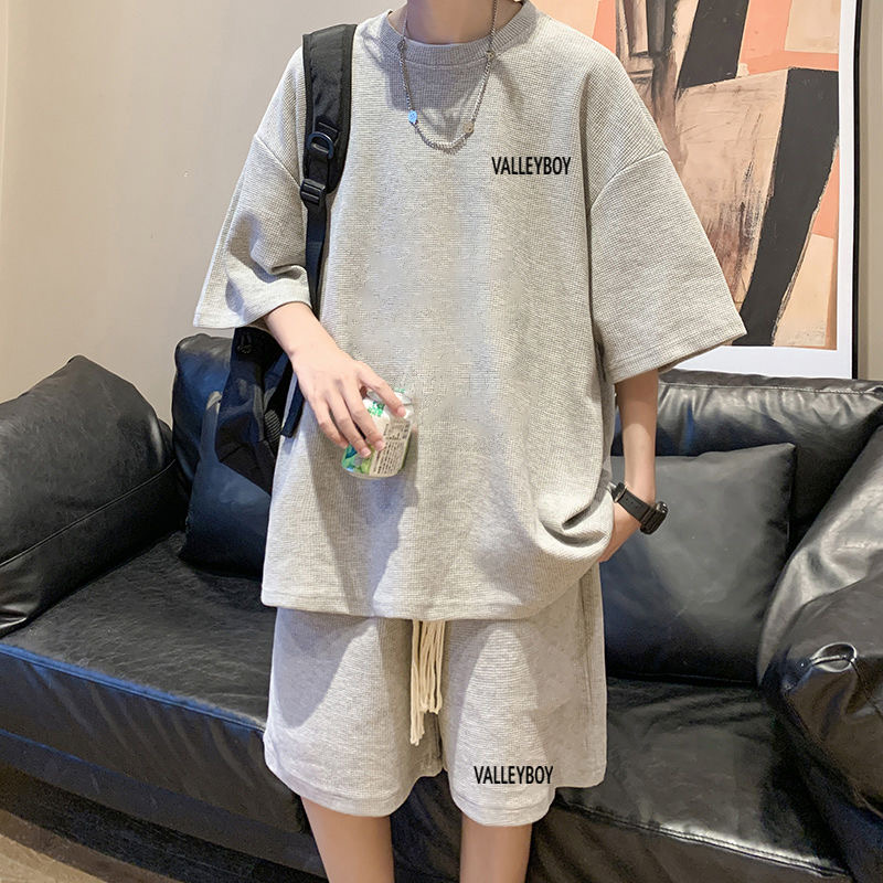 休闲套装男士夏季薄款冰丝短袖t恤潮牌宽松短裤青少年夏天运动服