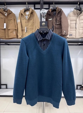 【杉家】加绒加厚！撤柜款假两件衬衫领针织衫男绿色V领毛衣PY19
