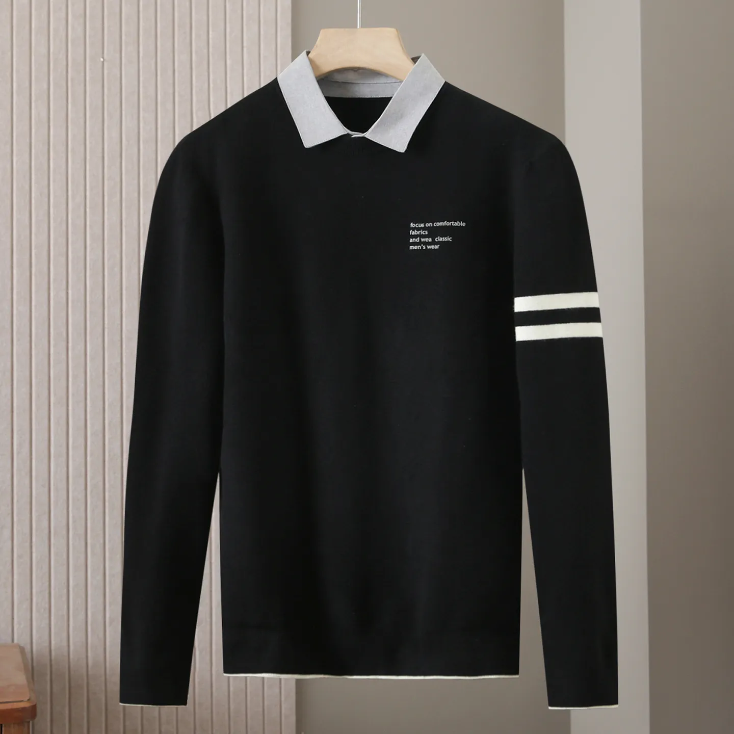 豆撤柜假两件针织衫男秋冬保暖百搭上衣休闲双领打底毛衣男L8M254