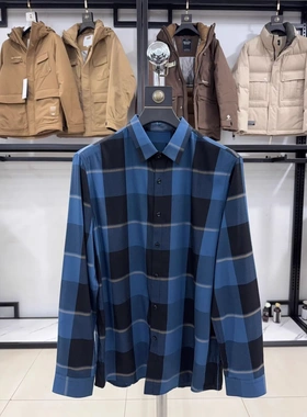 【雅家】休闲风格子衬衫男长袖修身百搭透气衬衣蓝色格子男CC008