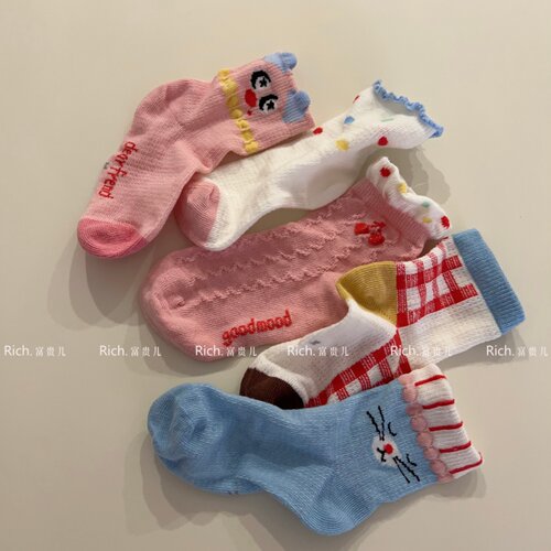 5双装韩系儿童春夏薄款网眼透气可爱樱桃格纹波点女宝宝中筒袜