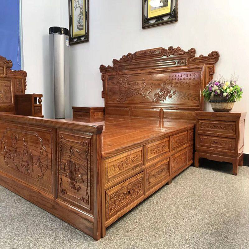 明清仿古家具非洲菠萝格1.8米双人床中式孔雀花鸟实木雕花榆木床