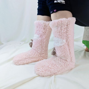 暖脚袜女冬季保暖中筒袜居家睡眠袜毛球双层加厚羊羔绒香味袜子