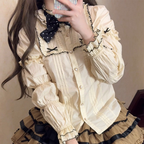 柠檬清唱曲lolita原创  熊熊假日内搭 可爱狗牙边 藕节接袖 现货