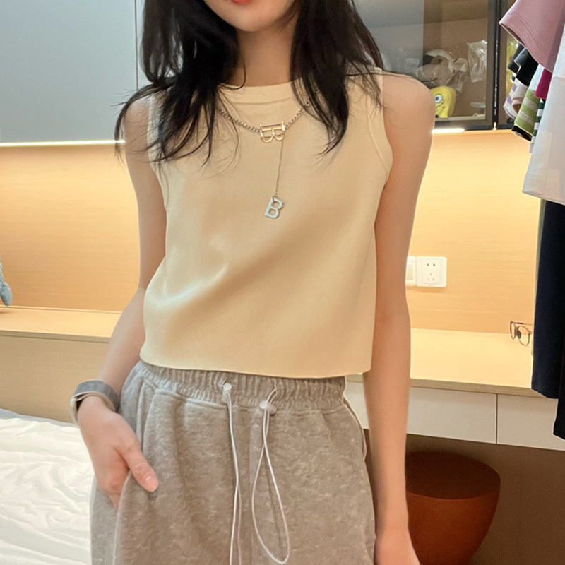 美式复古修身短款背心女夏杏色内搭打底衫春季无袖针织小吊带上衣