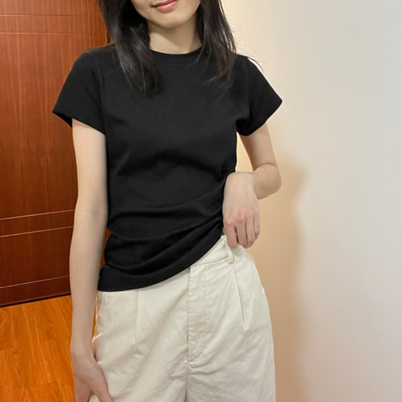 美式复古黑色t恤女夏棉质短袖正肩打底纯白t体恤修身内搭通勤上衣