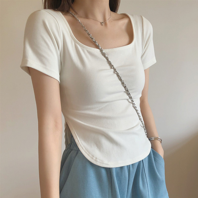 白色正肩短袖t恤女夏不规则下摆开叉设计感洋气方领短款低领上衣