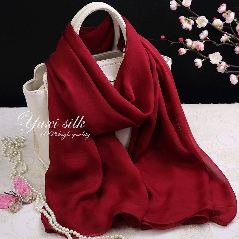 长巾真丝围巾女士桑蚕丝巾紫色时尚头巾包头尊贵素色纯高档纯色