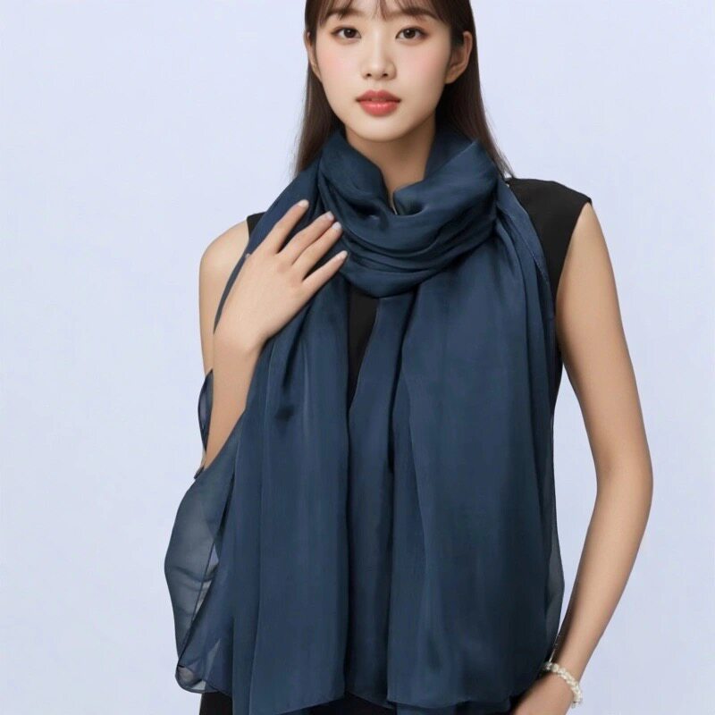靛蓝纯色真丝围巾女杭州桑蚕丝巾披肩长款薄款春秋真丝皱 70&times;170