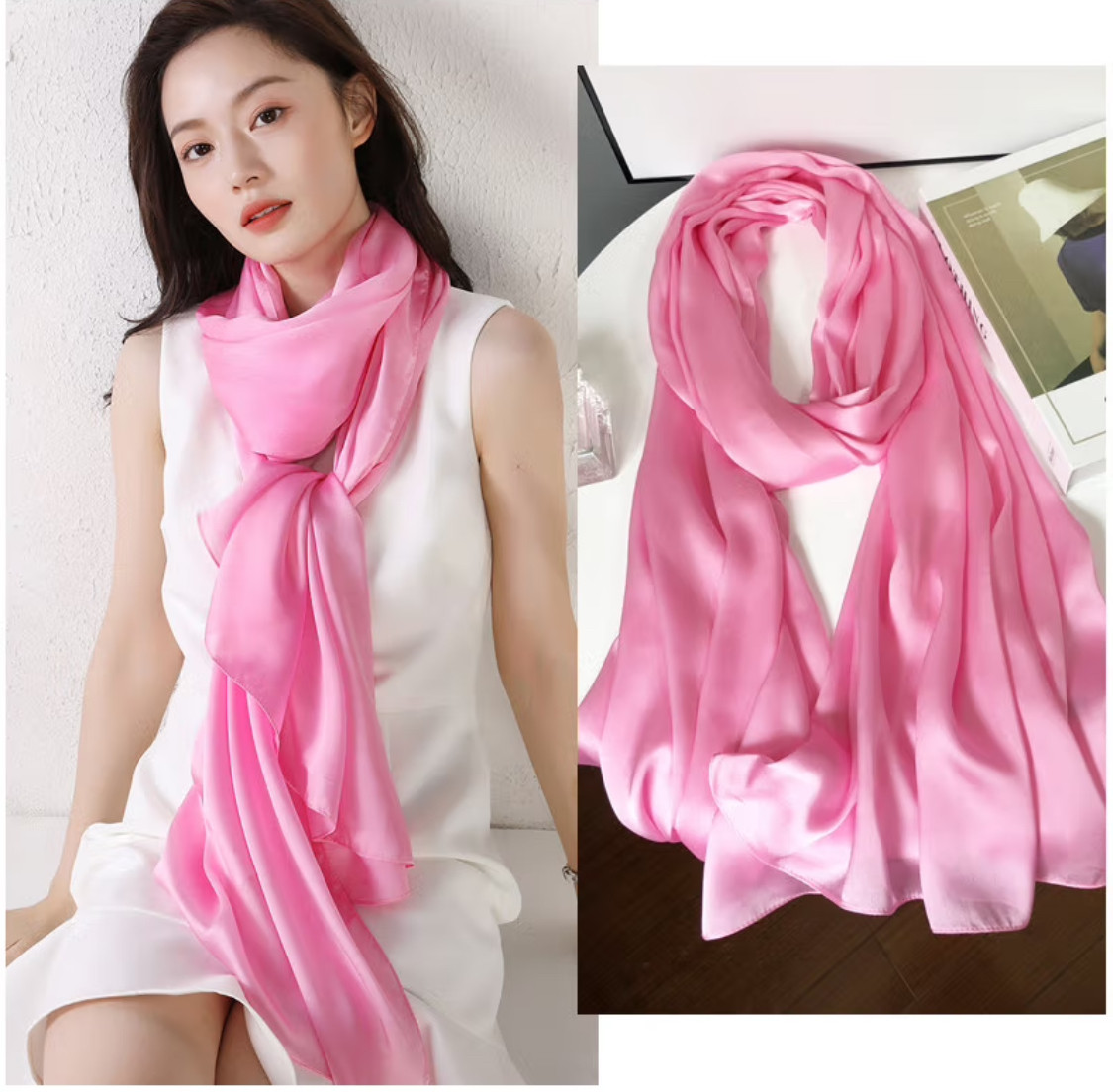 粉色纯色披肩法式不掉色丝巾休闲风所有人多功能围巾头巾