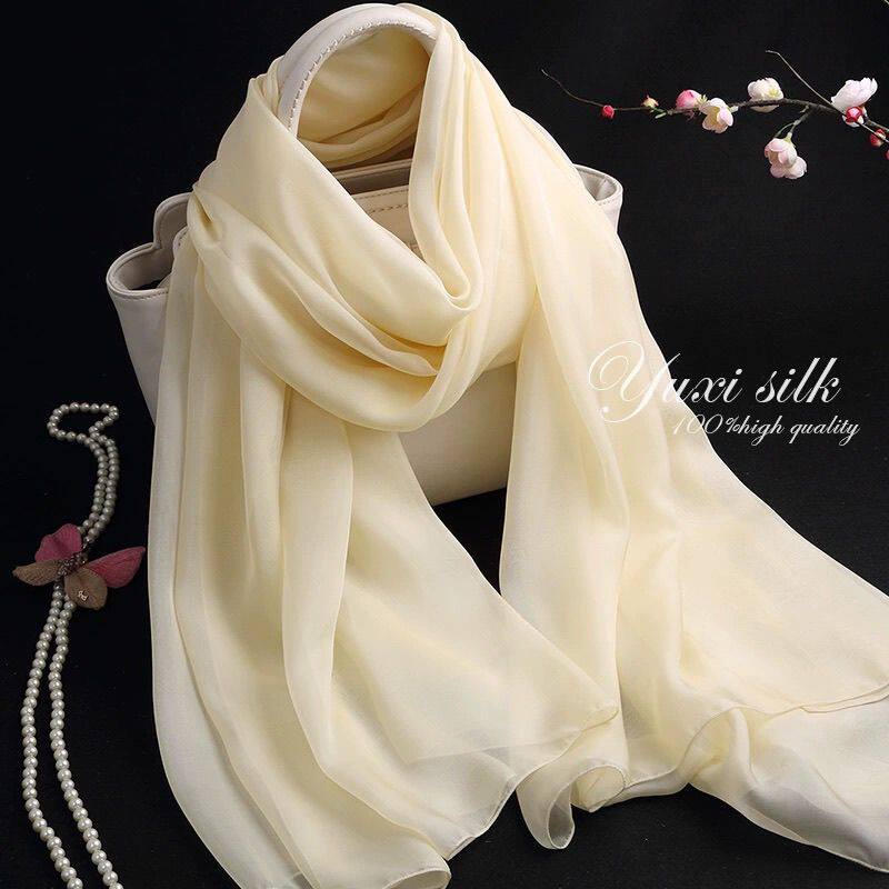 米黄纯色特价处理长款丝巾披肩女飘逸春秋冬头巾丝绸围巾真丝皱