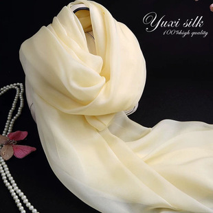 米黄色纯色桑蚕丝长款真丝丝巾披肩女纱巾春秋冬夏季丝绸围巾丝皱