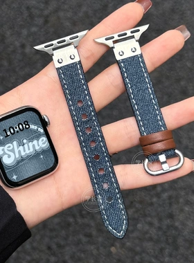 适用iwatchs10女款s9s8手表带链s7苹果s6牛仔腕带s5iwatchse2透气