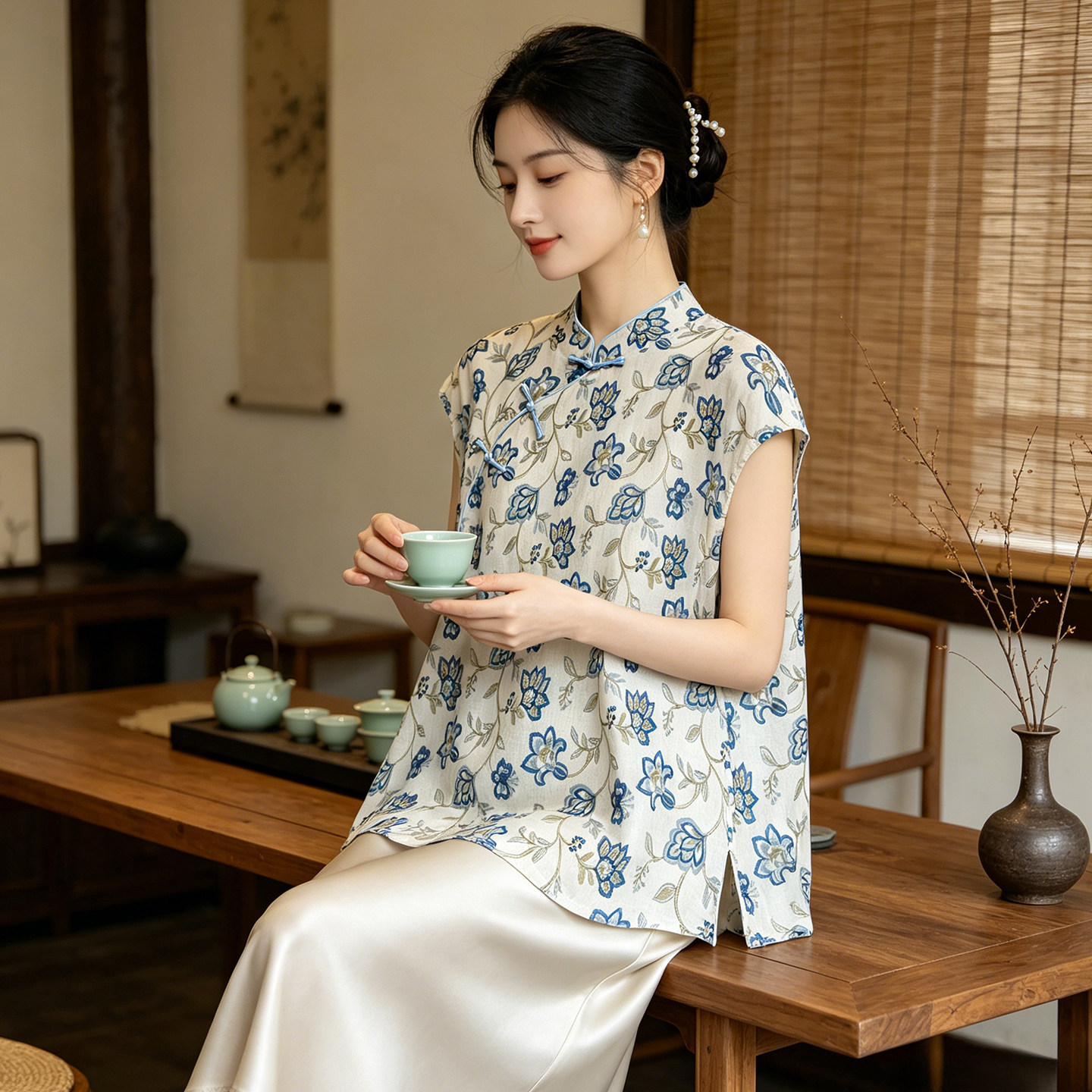 女士无袖夏季薄款新中式衬衫上衣新款国风时尚洋气通勤宽松女装图片