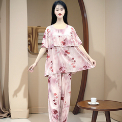 国风纯棉绸睡衣女夏季2025新款短袖长裤防凸点不带胸垫家居服套装