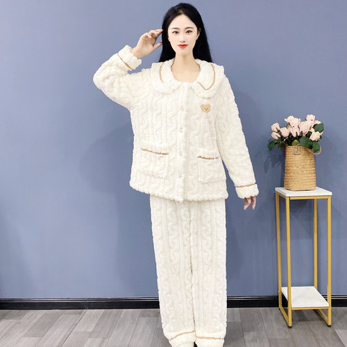 冬季法兰绒睡衣女2025新款牛奶绒冬季加厚珊瑚绒可外穿家居服套装