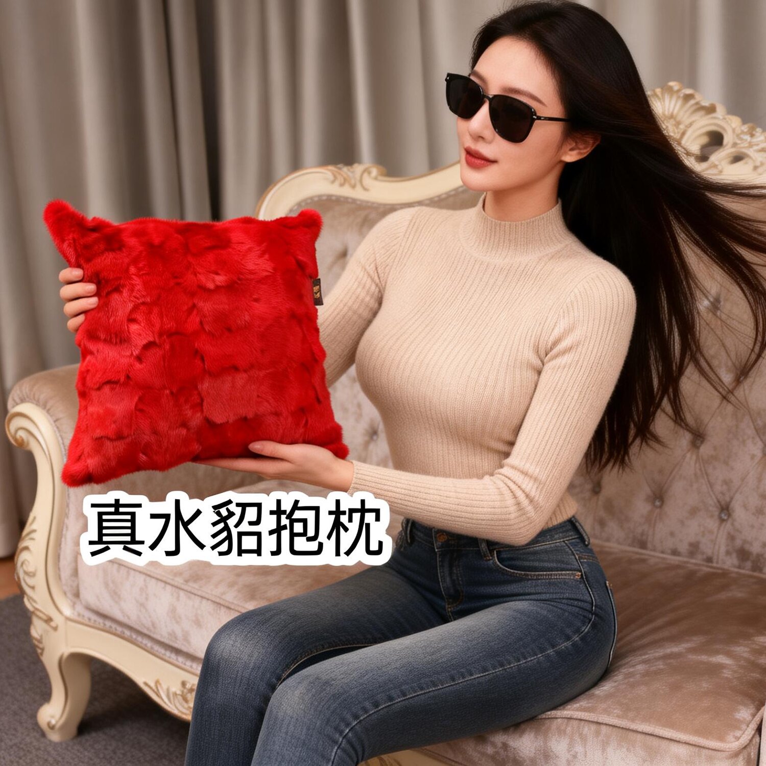 汽车用品简约轻奢黑色水貂毛靠垫抱枕皮草腰枕方形枕毛绒小腰靠