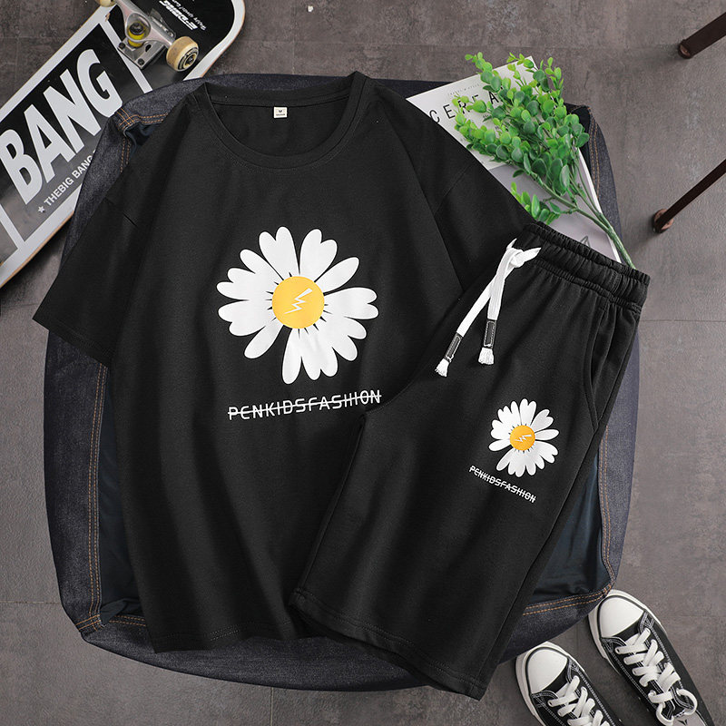 Summer T-shirt shorts Hong Kong Style youth sports suit loose straight casual pants