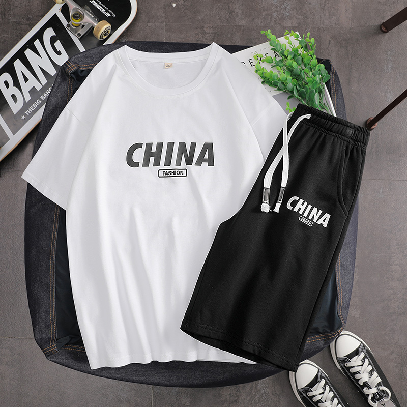 Summer T-shirt shorts Hong Kong Style youth sports suit loose straight casual pants