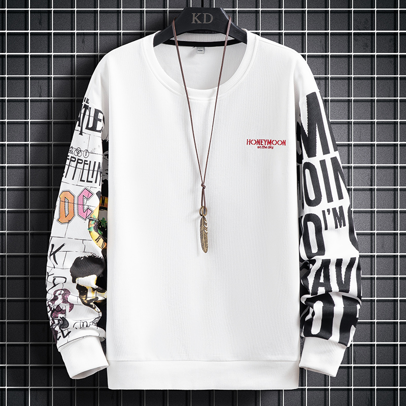 Spring new grid hanging photo casual printing men's round neck sweater trend top
