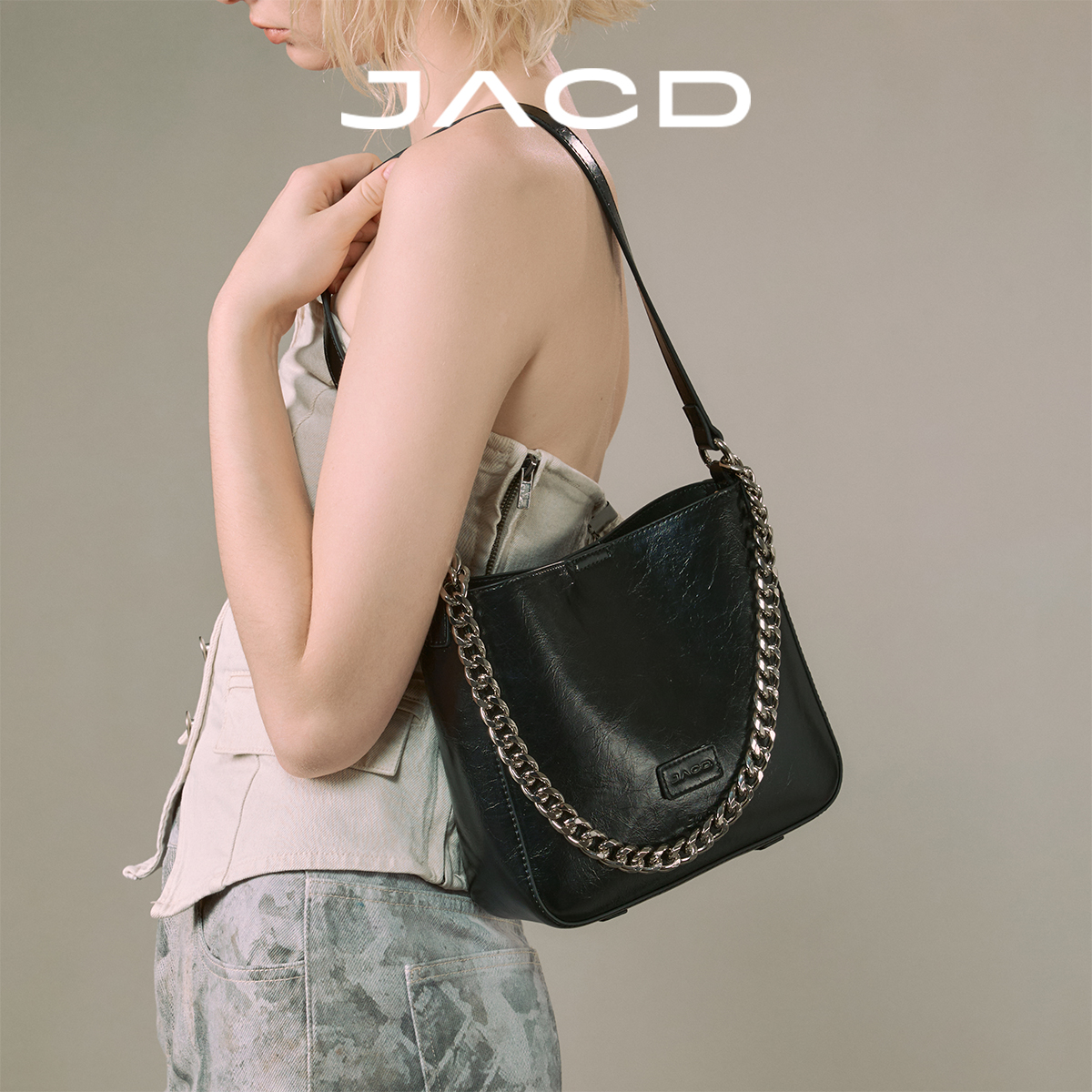 JACD黑色腋下包包女2025新款通勤托特包百搭单肩斜挎包女包水桶包