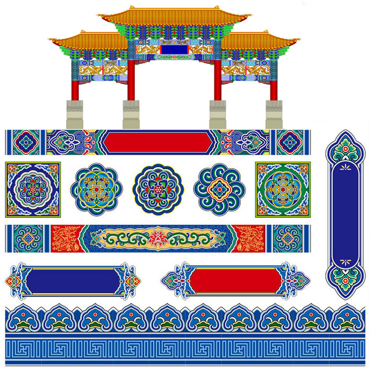 古建筑房梁横梁装饰壁纸吊顶壁画皇宫彩绘古代彩画墙布定制