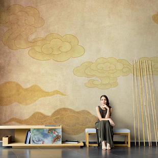 新中式墙布古典祥云壁纸客厅卧室电视背景墙壁画寺庙佛堂吊顶墙纸