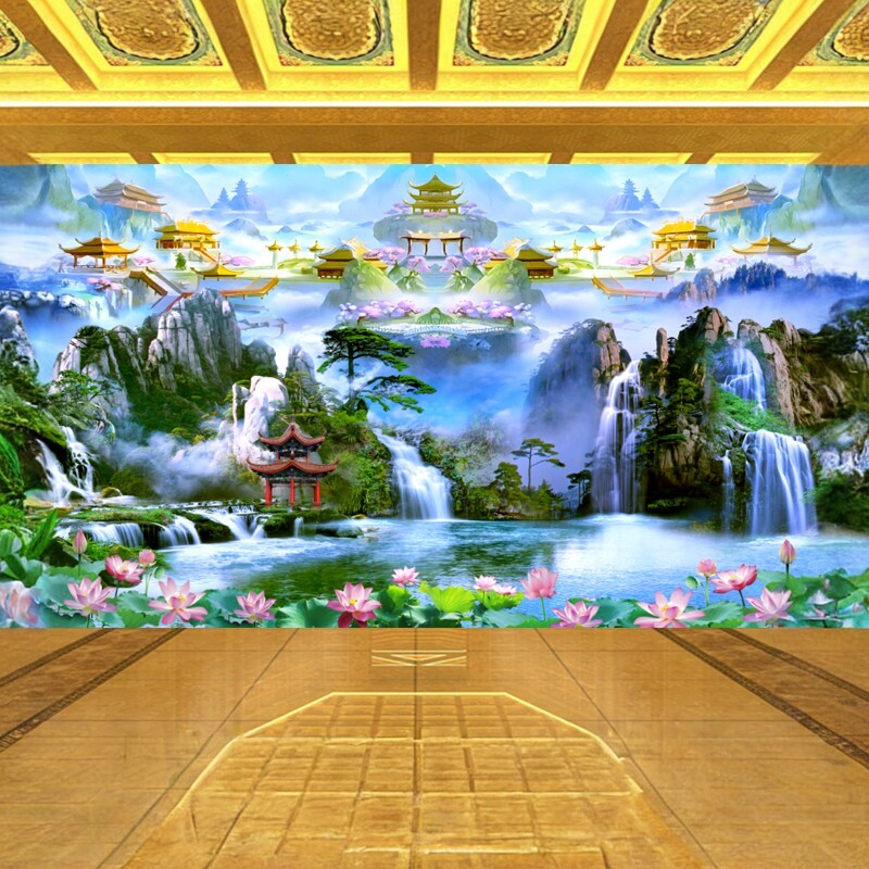 山水画背景墙天宫佛堂墙面装饰墙纸堂口南天门仙境壁布定制壁画