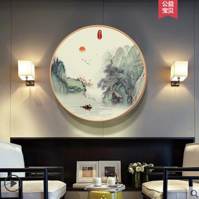 新中式山水画 水墨禅意客厅装饰画玄关国画书房壁画风景壁画圆形图片