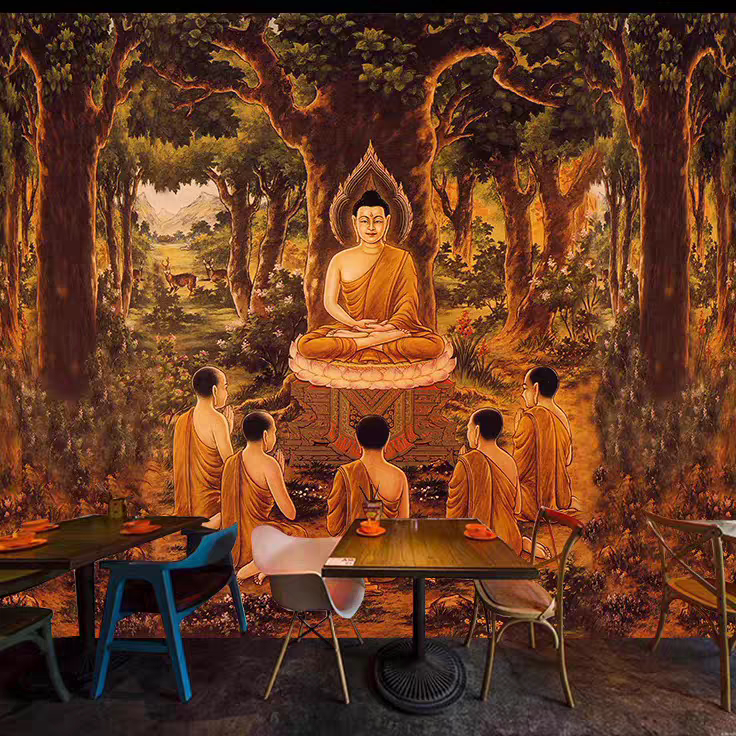 佛陀初转法轮图墙纸泰式餐厅饭店壁画东南亚泰国佛像画壁纸