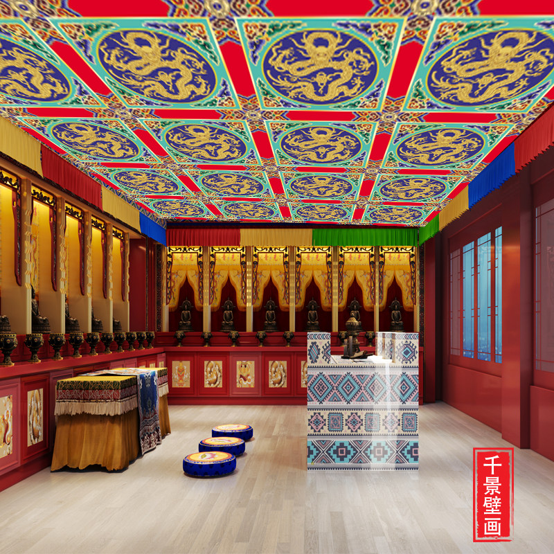 龙图腾横梁彩绘吊顶天花壁纸古建筑墙布彩绘横梁背景墙佛堂壁画