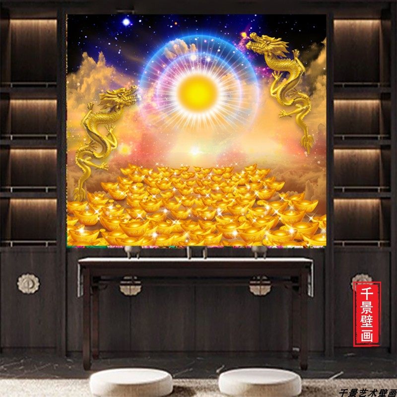 双龙财神壁画3D立体佛光如来佛祖弥勒佛祠堂龙纹书房玄关中堂墙布