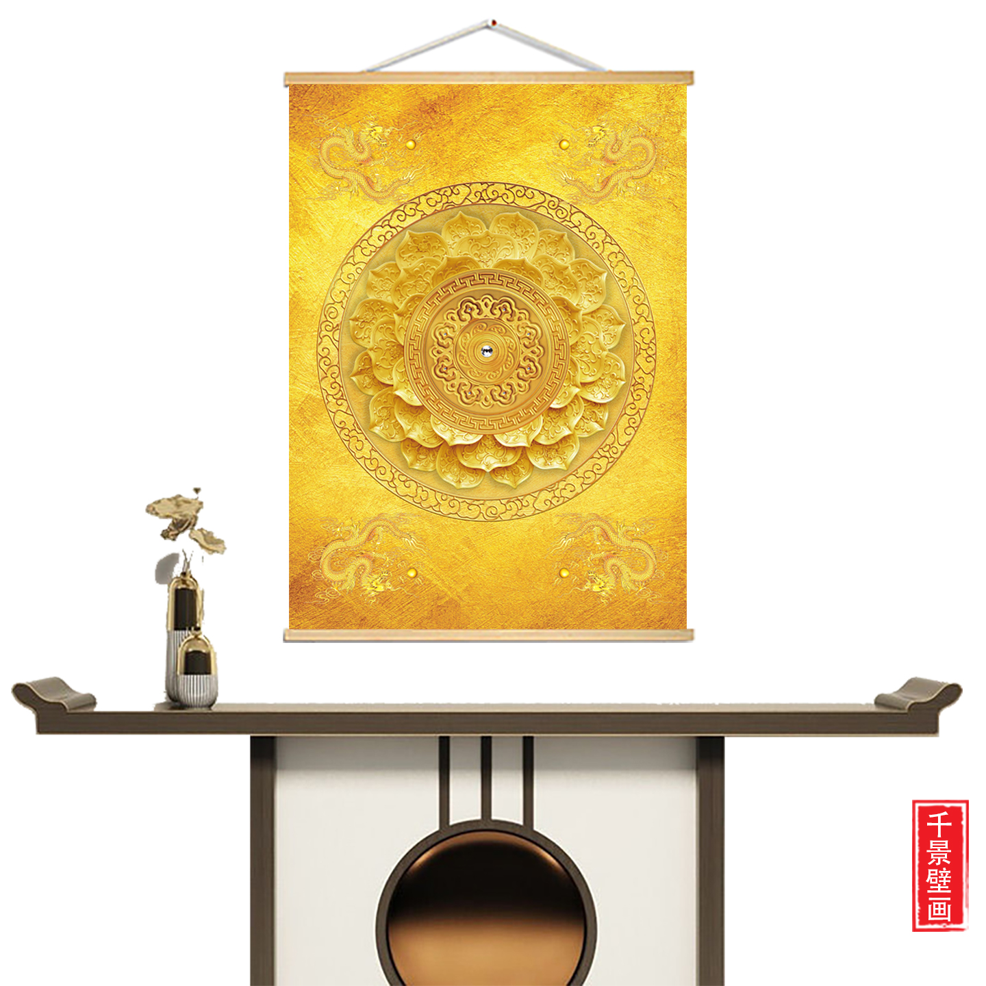 金色莲花佛堂背景实木挂画禅意佛堂玄关字画寺庙禅室装饰挂画定制