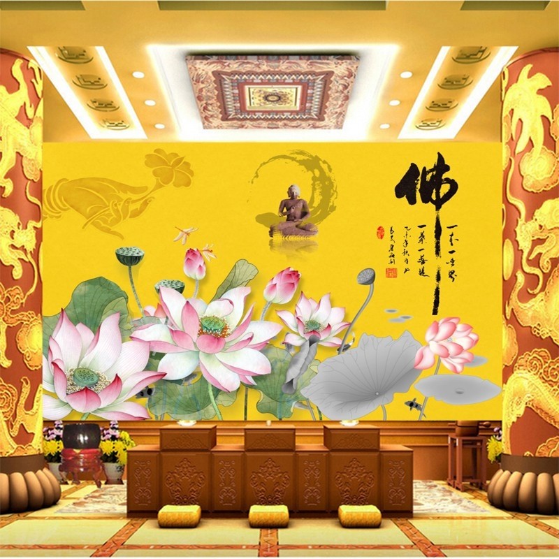 佛像荷花禅意壁纸中式客厅沙发背景墙纸墙布佛家佛系佛堂壁画