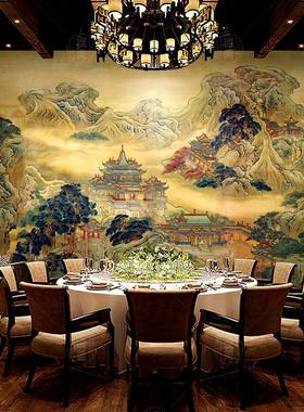 蓬莱仙境背景壁画仙家堂口电视客厅背景墙布新中式国画山水画壁纸