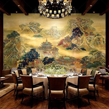 蓬莱仙境背景壁画仙家堂口电视客厅背景墙布新中式国画山水画壁纸
