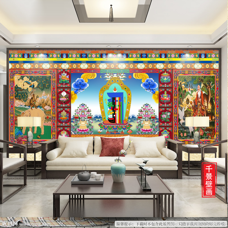 十相自在壁纸电视背景墙纸客厅佛堂藏式吉祥四瑞吉祥八宝无缝壁画