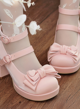 告白甜心久久Lolita原创新品蝴蝶结爱心粗高跟圆头洛丽塔少女单鞋