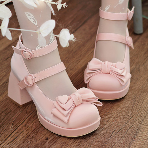 告白甜心久久Lolita原创新品蝴蝶结爱心粗高跟圆头洛丽塔少女单鞋