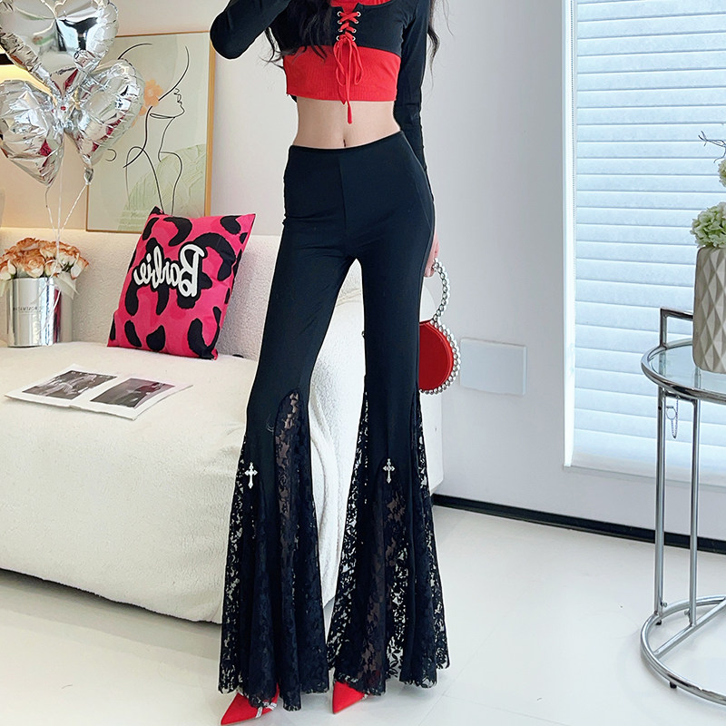 2025春秋新款气质喇叭裤性感蕾丝拼接黑色长裤子百搭显瘦女裤洋气