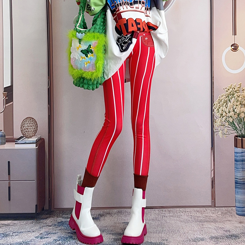 竖条纹显瘦高腰薄款加绒打底裤女