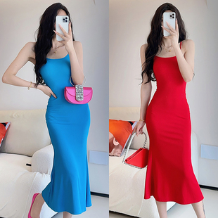 吊带裙女夏季辣妹性感包臀紧身显瘦收腰连衣裙无袖中长款鱼尾裙子