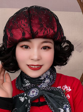 新款妈妈帽子假发一体女短卷翻翘假发蕾丝时尚带钻贝雷帽抖音爆款