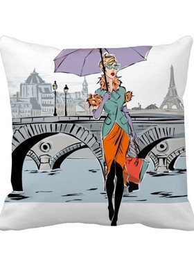 桥女士法国插画方形抱枕靠枕沙发靠垫双面含芯礼物学校幼儿园装饰