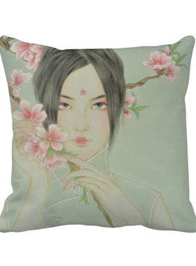 花中国古风插画方形抱枕靠枕沙发靠垫双面含芯礼物学校幼儿园装饰