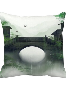 事中国古风插画方形抱枕靠枕沙发靠垫双面含芯礼物学校幼儿园装饰