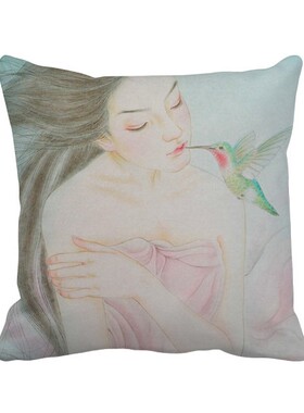 鸟中国古风插画方形抱枕靠枕沙发靠垫双面含芯礼物学校幼儿园装饰